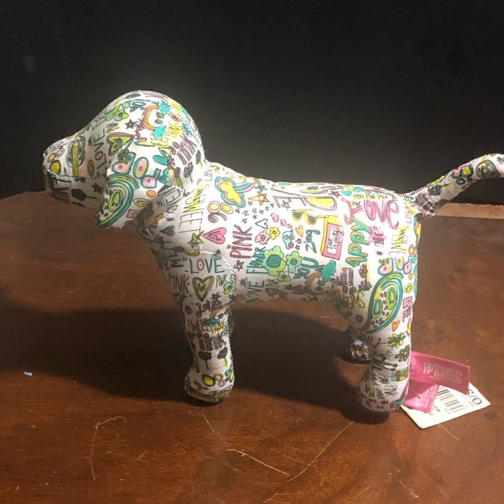 Victoria’s Secret VS PINK plush Graffiti Dog Good Love Flower Rainbow. 8” NWT